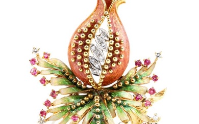 Diamond ruby enamel gold pomegranate brooch, 1950s