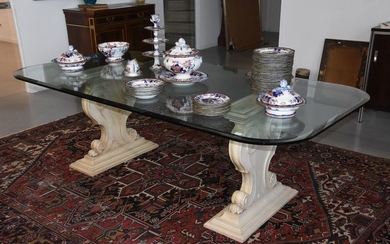 Dining room table glass and 2 painted wooden...