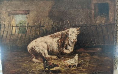E Lockenwich Signed Cow in Barn Oil Painting