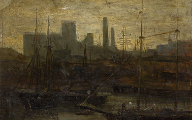 EDWARD M. BANNISTER (1828 - 1901) Untitled (Docks at Dusk). Oil on thi...