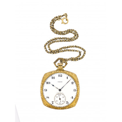 ELGIN Metal pocket watch with 9K chain Early 20th century Dial and movement signed Manual wind movement White dial with…Read more