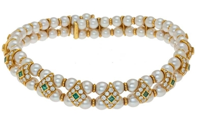 Emerald, Diamond, Pearl, 18K Lady’s Open Spring Collar Design Necklace, W 3/4”