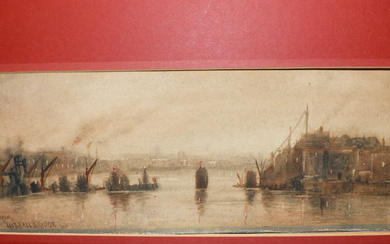 ENGLISH SCHOOL (19TH CENTURY), THE VIEW FROM VAUXHALL BRIDGE AT DUSK, TITLED LOWER LEFT
