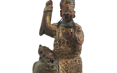 Early Carved Chinese Painted Deity w/ Foo Lion