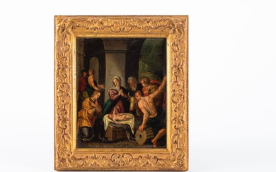 Ecole flamande du XVIIe siècle L'Adoration des bergers Huile sur cuivre (petits manques) 16 x...