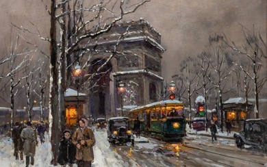 Edouard Leon Cortes (French, 1882-1969) Oil on Canvas "Arc De Triomphe, Neige", H 19" W 22"