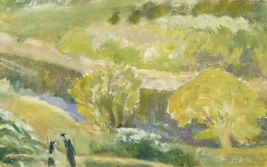 Edward Lysaght, British 1902-1997- Woods above the Wye, Spring, 1982; oil on paper, bears printed labels to the reverse of the frame, 39 x 78 cm. (ARR)