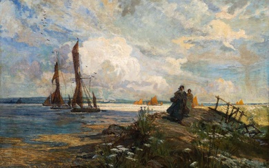 Elijah Albert Cox (Engels, 1876-1955), Vissersvrouwen op een dijk bij terugkeer van de vloot