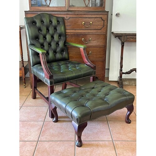 English George III style deep buttoned green leather Gainsbo...