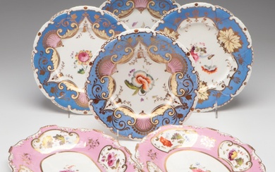English Porcelain Hand-Painted Plates and Serving Pieces, Early to Mid-19th C.