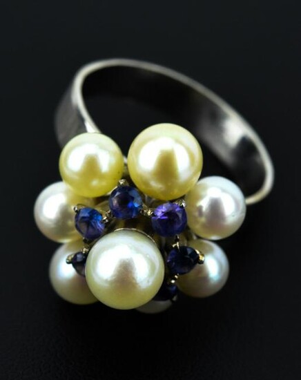 Estate 10kt White Gold Pearl and Tanzanite Ring