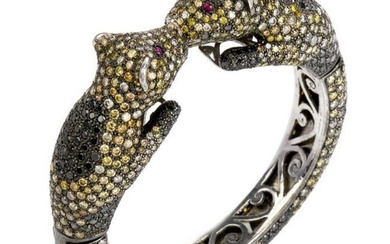 Estate 39.13cts Fancy Diamond Ruby Gold Sterling Silver Leopard Cuff Bracelet