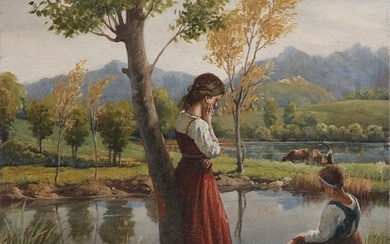 FABIO FABBI (1861-1946). Landscape with shepherdesses