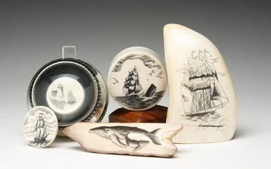 FIVE PIECES OF DECORATED SCRIMSHAW.