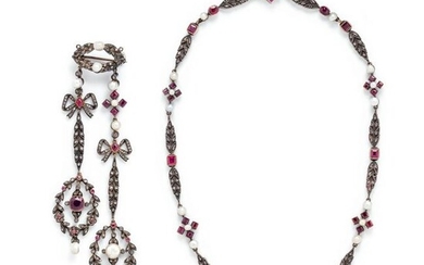 FRENCH, ANTIQUE, SILVER-TOPPED GOLD, RUBY, PEARL AND
