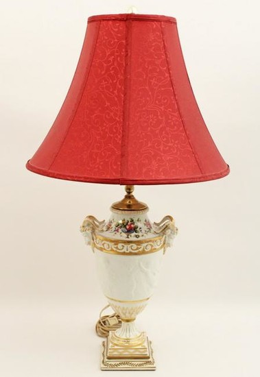 FRENCH FLORAL PTD PORCELAIN LAMP W/ RAMS HEAD HANDLES