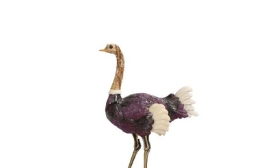 Fabulous amethyst white coral and fossilised wood carving of an ostrich, in the manner of Bernhard