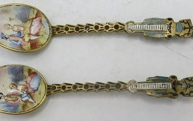 Fine Antique Pair of Austria Viennese Silver & Enamel Spoons Painted on Both Sides