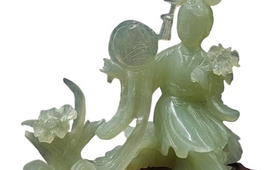 Finely Chinese Carved Jade Female Figure On A Wooden Stand, 519 Grams Without Stand