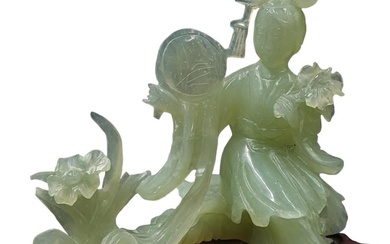 Finely Chinese Carved Jade Female Figure On A Wooden Stand,...