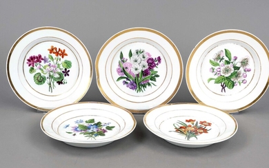 Five Biedermeier plates, KPM Berlin, 1830-40s, 1st choice, antique smooth form, polychrome floral