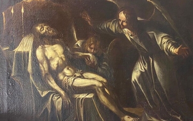 Flemish School circa 1650 Hans von Aachen (1552-1615), follower of The dead Christ watched over by two angels. Oil on canvas 70 x 91 cm cf. see the same subject in the Benedictine Abbey of Kremsmünster, inv 129