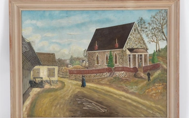 Folk Art Landscape with Church and Figures