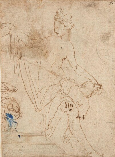 Follower of Giulio Pippi, called Giulio Romano, Italian 1499-1546- A nude classical figure with drapery, in profile, turned to the left; pen and brown ink on laid paper, bears number '92' (upper right), and bears unidentified collector's mark with...