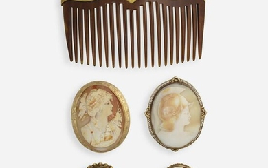 Four shell cameo brooches and seed pearl, gold hair