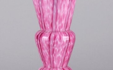 Frank Welz Glass (Bohemia/Czechoslovakia, early 20th Century) A pink and white glass vase with applied black rim. Made by Welz, with "Vertical Stripes" pattern.. Circa 1920. Height 24 cm.