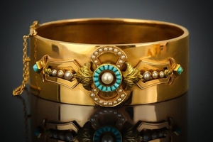 French 19th Century 18k Gold Turquoise Pearl Bracelet