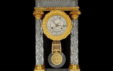 French Crystal & Bronze Dore Portico Mantle Clock