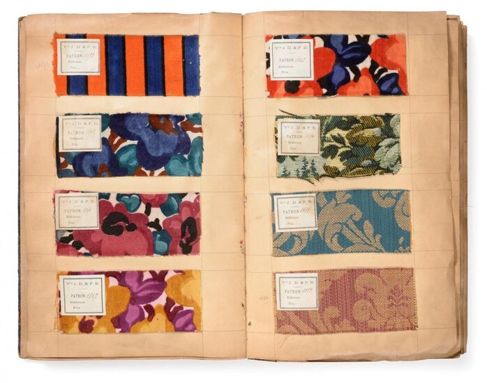 French Fabric Sample Book, circa 1930's Enclosing printed and cut...