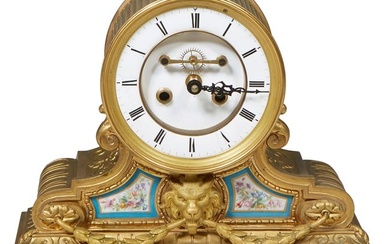 French Gilt Bronze and Sevres Circular Mantel Clock, 19th c., H.- 11 in., W.- 12 1/4 in., D.- 10 1/2