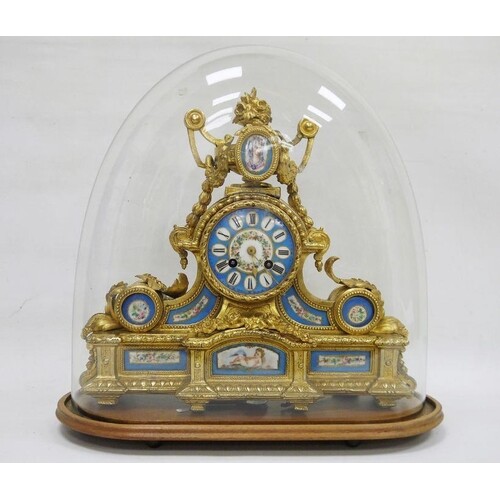 French gilt metal and porcelain mantel clock, the porcelain ...