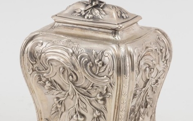 GEORGE III ROCOCO STERLING SILVER TEA CADDY Maker's mark cursive "R·C", possibly for Robert Albin Cox. With lift-off cover and bombé..