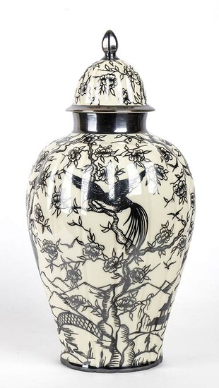 GERMANY Big white vase with silver oriental-style decorations Ceramic, h...