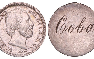 Gegraveerde 10 Cent met gravering COBA Willem III z.j. Zeer Fraai.