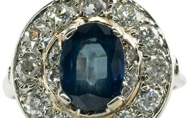 Genuine Mine cut Diamonds Blue Sapphire Ring 14K Gold
