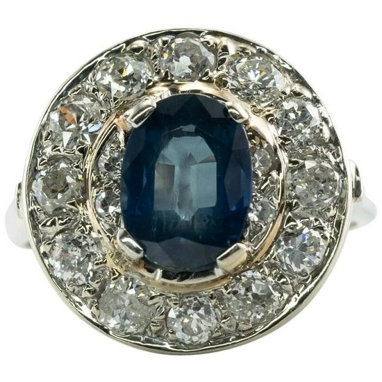 Genuine Mine cut Diamonds Blue Sapphire Ring 14K Gold