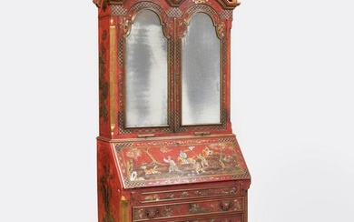 George II Style Red Lacquer, Silver and Parcel-Gilt Slant-Front Secretary