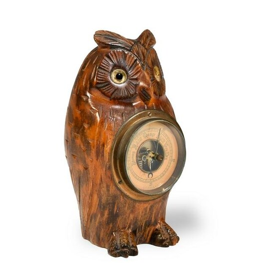 German Carved Wood Owl Barometer