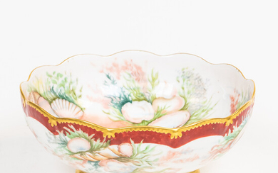 Gilt and Hand-painted Shell-decorated Limoges Porcelain Footed Punch Bowl
