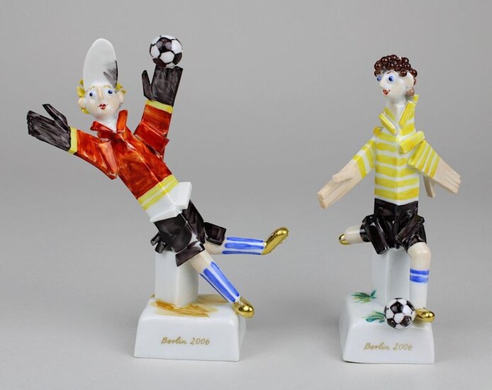 Goalkeeper and striker, two porcelain figures, Meissen c. 2006, designed by Peter Strang, limited edition, numbered 29 of 250, on square base, inscribed Berlin 2006, Master Card and numbered, on base blue sword mark and embossed numbers 203 and 205 AK...