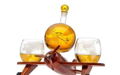 Godinger Airplane Globe Whiskey Dispenser, Glasses Set