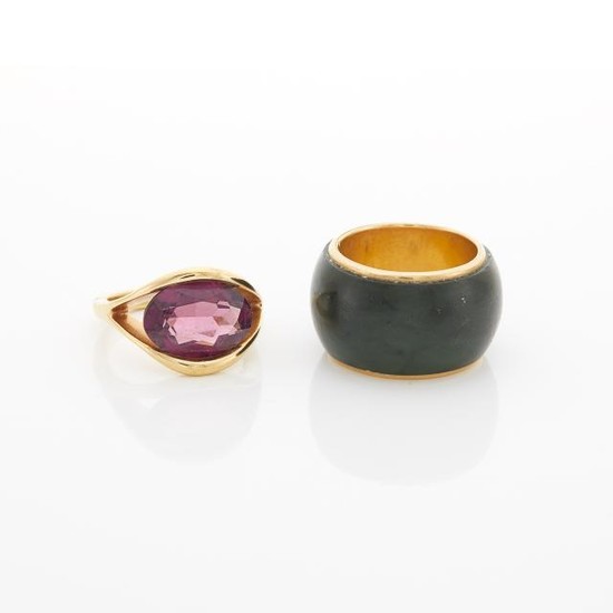 Gold and Amethyst Ring and Jade Band Ring