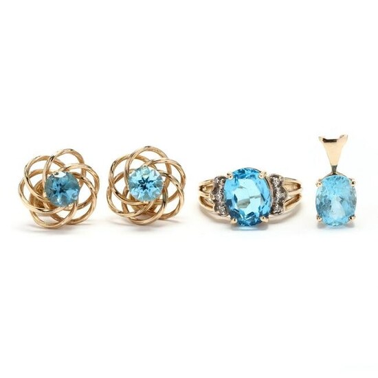 Gold and Blue Topaz Ring, Earrings, and Pendant