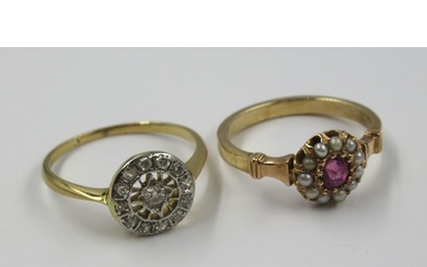 Gold circular diamond cluster ring, together with a gold, ru...