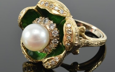 Gold, diamond, and solitaire pearl enameled floral