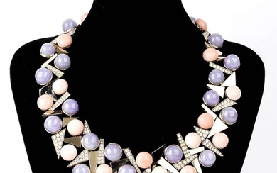 Gold, lavander jadeite, pink coral and diamonds necklace - by SANDI, PADOVA 18k white and...